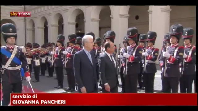 Hollande a Roma, Monti: piena convergenza,euro non al sicuro