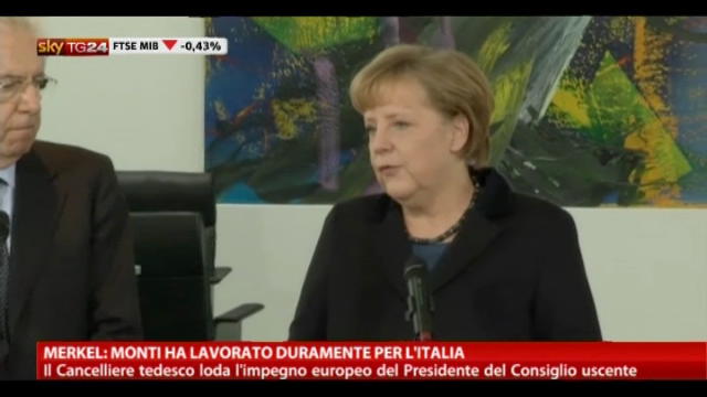 Merkel: Monti ha lavorato duramente per l'Italia