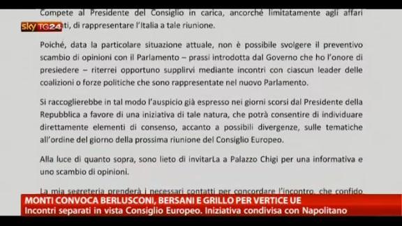 Monti convoca Berlusconi, Bersani e Grillo per vertice UE