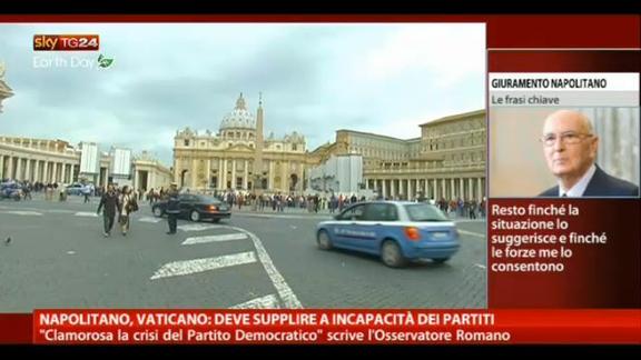 Napolitano, Vaticano: deve supplire a incapacità dei partiti