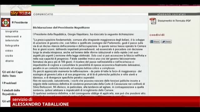 Napolitano: "L'Italia ha bisogno di serenità e coesione"