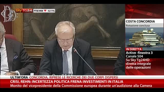 Crisi, Rehn:incertezza politica frena investimenti in Italia