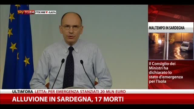 Sardegna,Letta: stanziamento immediato di 20 milioni di euro