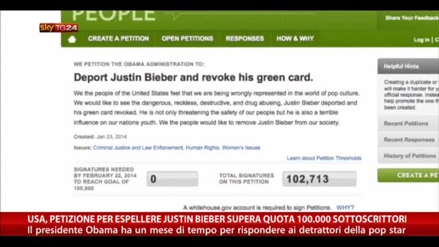 Petizione per espellere Bieber supera 100mila sottoscrittori