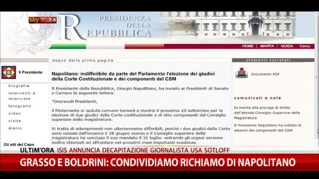 Grasso e Boldrini: condividiamo richiamo di Napolitano