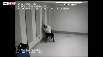 Woods slumps in chair as he is held in custody