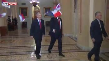 Protester throws Russia flags at Trump