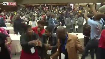 Dancing party members celebrate Mugabe sacking
