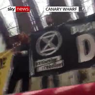 Protesters stand on trains at Canary Wharf
